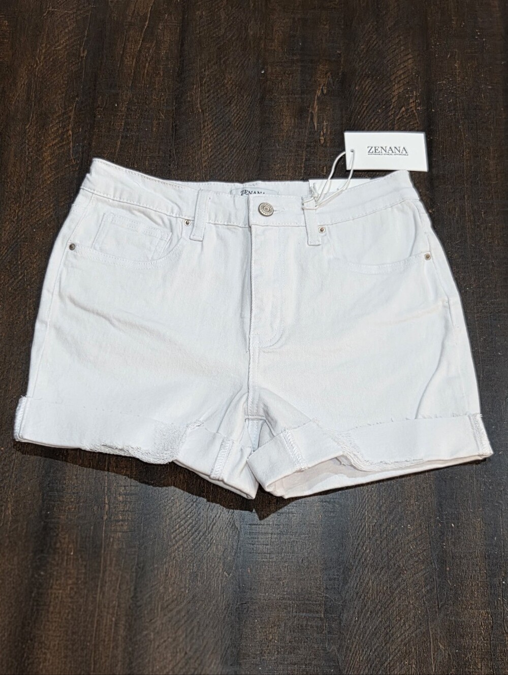 Cuffed / Uncuffed High-Waisted Lightly Distressed White Denim Shorts